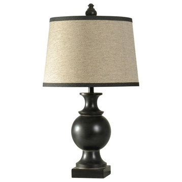 Traditional Black Table Lamp with Natural Linen Shade and Contrast Trim