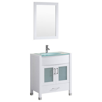 Style 3, 30"W White Vanity Sink Base Cabinet, Mirror, LV3-30W
