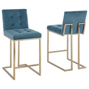 Counter Height Chairs in Teal Blue Velvet and Gold Chrome Legs (Set of 2)