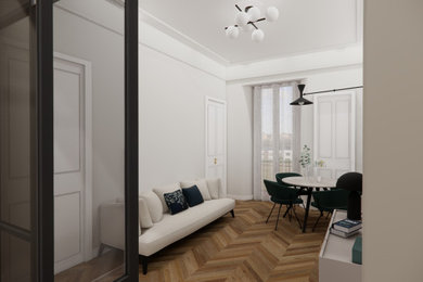 Ejemplo de salón contemporáneo pequeño con paredes blancas y suelo de madera clara