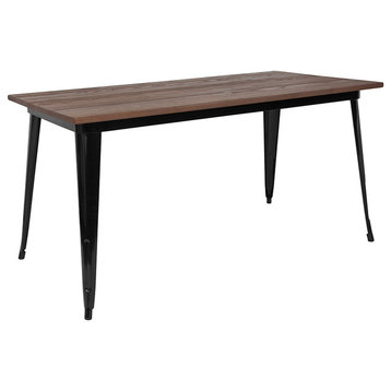 30.25"x60" Rectangular Black Metal Indoor Table With Walnut Rustic Wood Top