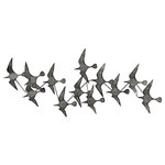 Renwil - Murmuration Wall Accent, Gray - The metallic silhouette of this traditional wall decoration features a flock of birds flying in formation against an invisible wind current. Each gray bird is carefully crafted in iron and connected to the flock by a meandering iron bar that positions the avian flight pattern in place. An intriguing wall ornament over a fireplace or farmhouse-style headboard, the dynamic design of this decorative statue can be hung horizontally or vertically to visually expand the dimensions of your wall space.