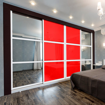 4 Panels Shaker Style Bypass Sliding Closet Doors with Glass & Mirror Insert, 90"x84" Inches