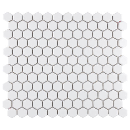 Metro 1" Hex Porcelain Mosaic Floor and Wall Tile, Glossy White
