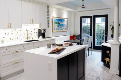 Inspiration for a small contemporary l-shaped kitchen/diner in Toronto with a submerged sink, shaker cabinets, white cabinets, engineered stone countertops, white splashback, marble splashback, stainless steel appliances, porcelain flooring, an island, white floors, white worktops and a drop ceiling.
