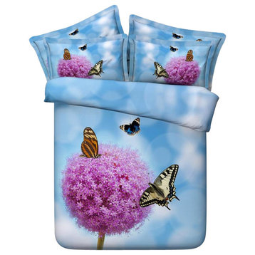 3D Bedding, Pink Flower and Butterflies, 4-Piece Duvet Cover Set, Full