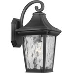 Progress Lighting - Marquette Collection 1-Light Medium Wall Lantern with DURASHIELD - This wall lantern is a go-to choice when incorporating classic silhouettes with a farmhouse flair into your home decor vision. The traditional frame is constructed with non-metallic, corrosion-resistant composite polymer in a classic black finish. A beautiful water glass shade adds charming character to the timeless design. DURASHIELD by Progress Lighting is built to last. Constructed from a composite material with UV protection, DURASHIELD holds up even in the harshest weather conditions. This high-performance finish has a 5-year warranty and is resistant to rust, corrosion, and fading.