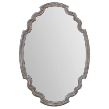 Sculpted Oval Gray Wood Wall Mirror, Rustic Vanity