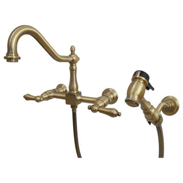 Kingston Brass Wall Mount Bridge Kitchen Faucet w/Brass Sprayer, Antique Brass