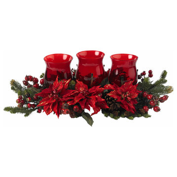 Poinsettia and Berry Triple Candelabrum, Red