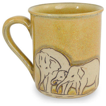 Yellow Elephant Family Celadon Ceramic Mug