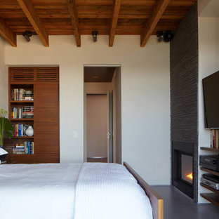 Inspiration pour une chambre minimaliste de taille moyenne avec un mur blanc, une cheminée standard, béton au sol et un manteau de cheminée en métal.