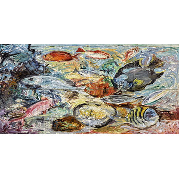 Tile Mural THE FISH colorfulcolor oil painting Backsplash Four Inch Marble