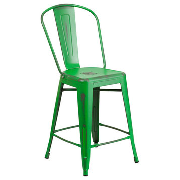 24" High Distressed Green Metal Indoor-Outdoor Counter Stool With Back