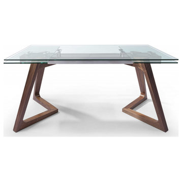 HomeRoots 63" X 35" X 30" Walnut Glass Stainless Steel Extendable Dining Table