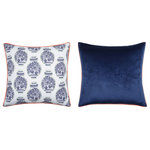 StyleCraft - Dann Foley Double Sided Pillow Navy Vases Print, Navy Velvet - Solid velvet and blue ginger jars alternate on each side - bringing to life a modern, eclectic, and unique home accent. Orange velvet trim detailing is added for an elevated look.