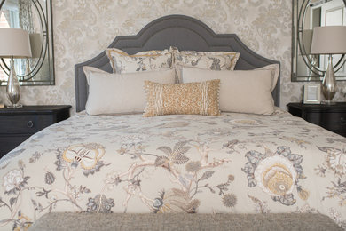 Bedroom - large transitional master carpeted and beige floor bedroom idea in Detroit with gray walls