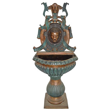 Lion Head Wall Fountain made of Bronze Statue - Size: 32"L x 22"W x 70"H.