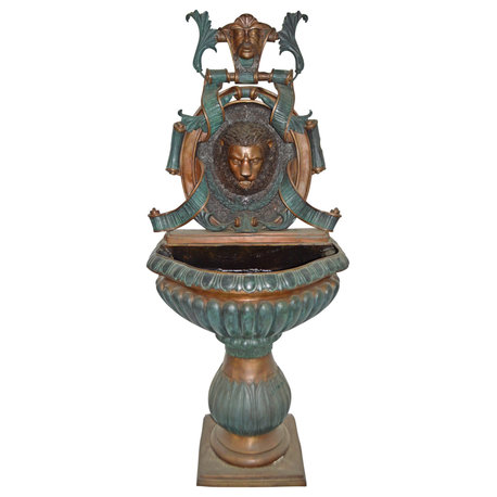 Lion Head Wall Fountain made of Bronze Statue - Size: 32"L x 22"W x 70"H.