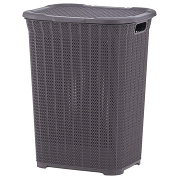 Laundry Hamper With Lid, 50 Liter Knit Style Hamper With Cutout Handles, Plum