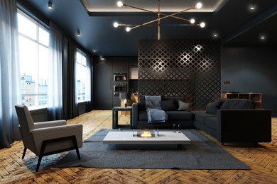 Inspiration for a large formal and enclosed light wood floor and brown floor living room remodel in Other with black walls and a two-sided fireplace