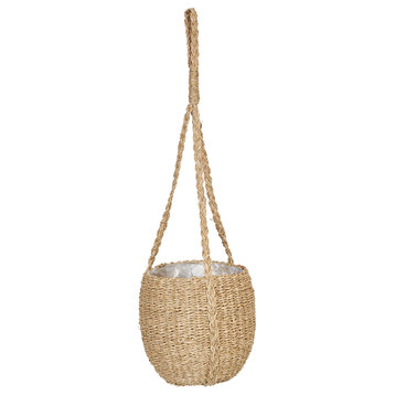 Handwoven Hanging Seagrass Basket Planter with Plastic Lining (Holds 7" Pot)