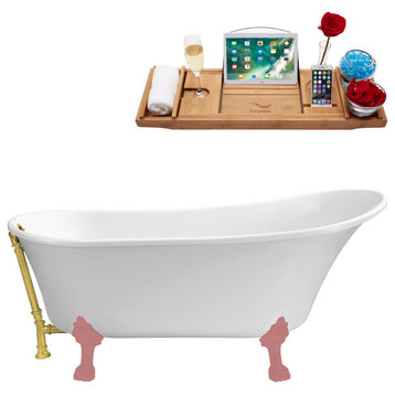 59" Streamline N341PNK-GLD Soaking Clawfoot Tub and Tray With External Drain