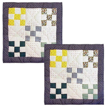 Hand Quilted Cotton Patchwork Toss Pillow, Country Vine, Set Of 2