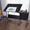Modern Style Black Adjustable Drafting Table with Stool and Side Drawers