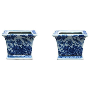 Blue and White Pair of Square Porcelain Pots, Bird and Floral Motif, 6"