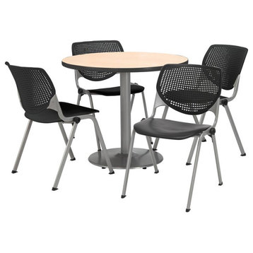 KFI Round 36" Dia. Pedestal Table - 4 Black KOOL Chairs - Natural Top