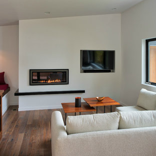 Medium sized modern study in Minneapolis with white walls, medium hardwood flooring, a ribbon fireplace, a plastered fireplace surround, a freestanding desk and brown floors.