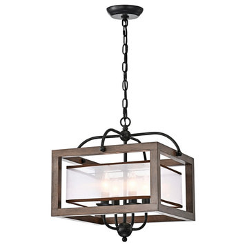 Nora Natural Wood Chandelier With Fabric Shade Antique Black Metal