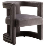 Meridian Furniture - Blair Velvet Upholstered Accent Chair, Gray - Make sitting a contemporary affair with this fun Blair grey velvet accent chair. A barrel design with a modish cutout twist makes this chair the center of attention wherever you use it. The frame is built from sturdy material for lasting beauty and performance, and the cushions are thick and plump, so they cradle your body while you unwind and rest. The chair is covered from top to base in rich grey velvet, so it feels amazingly soft to the touch.