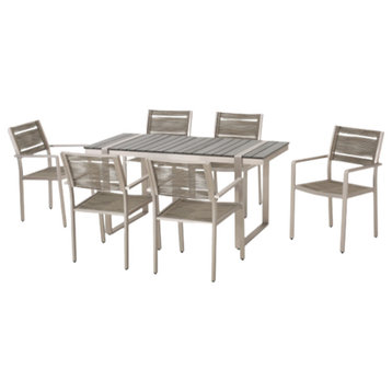 Quay Outdoor 7 Piece Aluminum Dining Set, Gray/Silver/Taupe