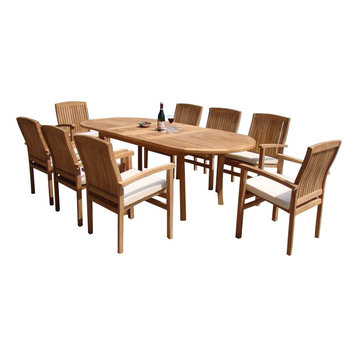 9-Piece Outdoor Teak Dining Set, 94" Oval Table, 8 Wave Stacking Arm Chairs