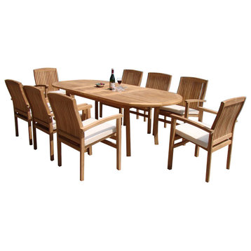9-Piece Outdoor Teak Dining Set, 117" Oval Table, 8 Wave Stacking Arm Chairs