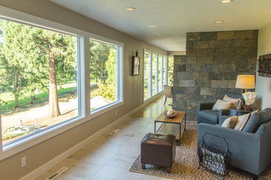 Living room - small transitional formal and enclosed porcelain tile living room idea in Portland with beige walls, no fireplace and no tv