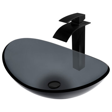 Bigio Clear Slate Grey Glass Vessel Bath Sink Combo with Faucet and Drain, Matte Black