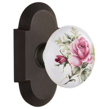 Cottage Plate Privacy White Rose Porcelain Knob, Oil-Rubbed Bronze