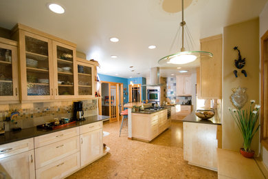 Enclosed kitchen - large contemporary cork floor and brown floor enclosed kitchen idea in Albuquerque with an undermount sink, light wood cabinets, multicolored backsplash, stainless steel appliances, an island, gray countertops and shaker cabinets