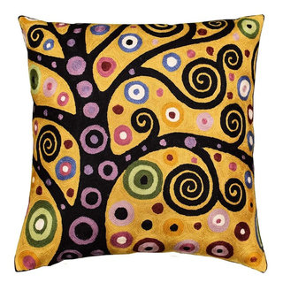 Klimt Tree of Life Yellow Pillow Cover Soulful Hand Embroidered