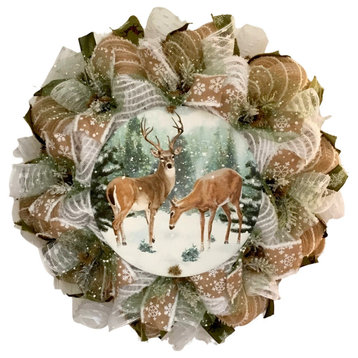 Winter Deer With Iced Greenery Wreath Handmade Deco Mesh