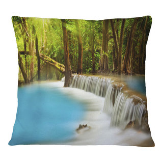 Designart Level Five of Erawan Waterfall - Landscape Printed Throw Pillow -  18x18 