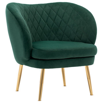 Glam Upholstered Velvet Barrel Accent Chair, Dark Green