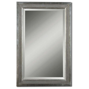 Vintage Rectangular Mirror in Silver Leaf Finish Light Gray Glaze Beaded Frame