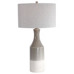 Uttermost - Uttermost Savin Ceramic Table Lamp - Showcasing a bohemian flair, this ceramic table lamp is finished in a glossy warm gray glaze that transitions to a heavily textured ivory bottom. The hardback drum shade is light gray linen with natural slubbing.