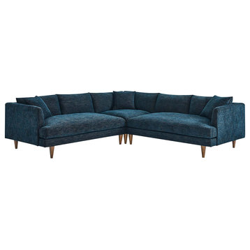 Zoya Down Filled Overstuffed 3 Piece Sectional Sofa, Heathered Weave Azure