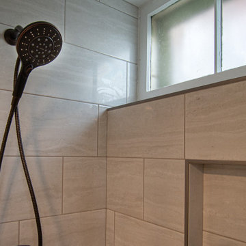 Bathroom/Laundry Room Using Warmer Tones, Accented by New Laundry Facility