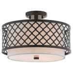 Livex Lighting - Livex Lighting Arabesque English Bronze Light Ceiling Mount - Our Arabesque three light semi flush mount will add refined style and a hint of mystery to your decor. The oatmeal fabric hardback shade creates a warm illumination, while the light brings to life the intricate English bronze cutout pattern.